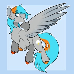 Size: 1000x1000 | Tagged: safe, artist:rockin_candies, oc, oc only, oc:shade flash, pegasus, pony, chest fluff, ear fluff, eyebrows, eyebrows visible through hair, flying, male, smiling, solo, spread wings, stallion, unshorn fetlocks, wings