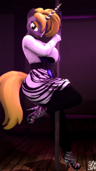 Size: 1080x1920 | Tagged: safe, artist:symm, oc, oc only, oc:everlasting serenity, oc:serenity lightglow, anthro, 3d, clothes, dress, female, high heels, looking at you, pants, pole dancing, shoes, smiling, solo, source filmmaker, stripper pole
