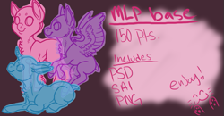 Size: 679x354 | Tagged: safe, artist:figgetywinks, oc, oc only, earth pony, pegasus, pony, unicorn, .psd available, .sai available, base, chest fluff, earth pony oc, horn, pay to use, pegasus oc, prone, smiling, unicorn oc, wings