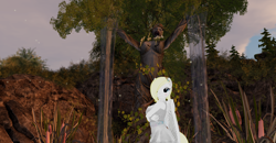 Size: 1920x1001 | Tagged: safe, oc, oc only, oc:solari melody, anthro, clothes, dress, forest, second life, solo, statue, tree