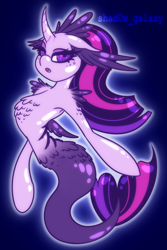 Size: 1000x1500 | Tagged: safe, artist:shad0w-galaxy, twilight sparkle, alicorn, seapony (g4), g4, chest fluff, curved horn, dorsal fin, eyelashes, female, fin, fins, fish tail, flowing mane, flowing tail, horn, lidded eyes, mare, ocean, open mouth, purple eyes, scales, seaponified, seapony twilight, simple background, species swap, swimming, tail, twilight sparkle (alicorn), underwater, water