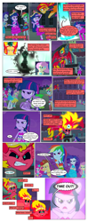 Size: 612x1553 | Tagged: safe, artist:greatdinn, artist:newbiespud, edit, edited screencap, screencap, applejack, fluttershy, pinkie pie, rainbow dash, rarity, spike, sunset shimmer, twilight sparkle, dog, comic:friendship is dragons, equestria girls, g4, my little pony equestria girls, angry, black sclera, collaboration, comic, d:, dialogue, eyelashes, female, flying, humane five, humane six, male, open mouth, ponied up, screencap comic, spike the dog, sunset satan, worried, yelling