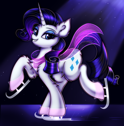 Size: 2800x2838 | Tagged: safe, artist:mite-lime, rarity, pony, unicorn, chest fluff, clothes, cute, ear fluff, female, high res, ice skates, ice skating, leg fluff, looking at you, mare, raribetes, scarf, skating, smiling, solo