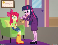 Size: 4000x3090 | Tagged: safe, artist:dieart77, apple bloom, twilight sparkle, equestria girls, g4, boots, chair, clothes, commission, high heels, hypnosis, hypnotherapy, hypnotized, open mouth, pendulum swing, psychologist, shoes, sitting, swirly eyes