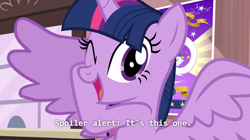 Size: 1108x619 | Tagged: safe, screencap, twilight sparkle, alicorn, pony, g4, three's a crowd, breaking the fourth wall, funny, one eye closed, spoiler alert, twilight sparkle (alicorn), wink