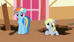 Size: 1920x1080 | Tagged: safe, screencap, derpy hooves, rainbow dash, pegasus, pony, g4, the last roundup, hole