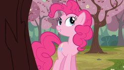 Size: 1920x1080 | Tagged: safe, screencap, pinkie pie, earth pony, pony, g4, the last roundup, cherry, cherry blossoms, cherry tree, female, flower, flower blossom, food, mare, solo, tree