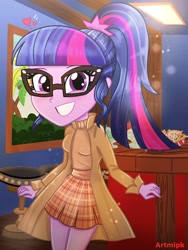 Size: 1536x2048 | Tagged: safe, artist:artmlpk, sci-twi, twilight sparkle, equestria girls, g4, adorable face, adorkable, beautiful, blushing, clothes, coat, cute, design, digital art, dork, female, looking at you, outfit, plaid, plaid skirt, shirt, skirt, smiling, smiling at you, solo, sweater, turtleneck, twiabetes