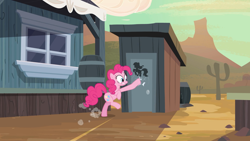 Size: 1920x1080 | Tagged: safe, screencap, pinkie pie, earth pony, pony, g4, the last roundup, bathroom stall, female, knocking, mare, need to pee, potty time, solo