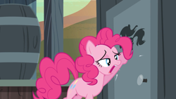 Size: 1920x1080 | Tagged: safe, screencap, pinkie pie, earth pony, pony, g4, the last roundup, female, mare, outhouse, solo