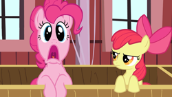 Size: 1920x1080 | Tagged: safe, screencap, apple bloom, pinkie pie, earth pony, pony, g4, season 2, the last roundup, apple bloom is not amused, barn, bow, duo, faic, female, hair bow, looking at you, mare, mawshot, open mouth, pinkie being pinkie, pinkie pie is best facemaker, shocked, sweet apple acres barn, unamused, uvula