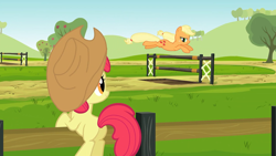 Size: 1920x1080 | Tagged: safe, screencap, apple bloom, applejack, earth pony, pony, g4, the last roundup, applejack's hat, cowboy hat, fence, hat, obstacle course