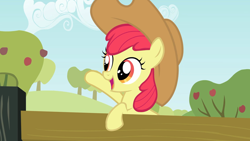Size: 1920x1080 | Tagged: safe, screencap, apple bloom, earth pony, pony, g4, the last roundup, adorabloom, applejack's hat, cowboy hat, cute, female, hat, solo