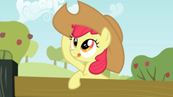 Size: 1920x1080 | Tagged: safe, screencap, apple bloom, earth pony, pony, g4, the last roundup, adorabloom, applejack's hat, cowboy hat, cute, female, hat, solo, tongue out