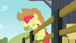 Size: 1920x1080 | Tagged: safe, screencap, apple bloom, earth pony, pony, g4, the last roundup, applejack's hat, cowboy hat, female, fence, hat, hay bale, solo