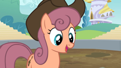 Size: 1920x1080 | Tagged: safe, screencap, wildwood flower, earth pony, pony, g4, the last roundup, background pony, cowboy hat, female, hat, mare, open mouth, solo, wildwood flower's hat