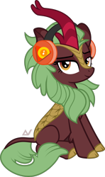 Size: 1268x2146 | Tagged: safe, artist:arifproject, cinder glow, summer flare, kirin, g4, cloven hooves, female, google, google music, headphones, leonine tail, looking at you, simple background, sitting, smiling, smirk, solo, transparent background