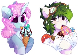 Size: 1200x850 | Tagged: safe, artist:mirtash, oc, oc only, oc:lexing, oc:scoops, pony, unicorn, bust, donut, eating, food, goggles, heart, heart eyes, ice cream, simple background, white background, wingding eyes