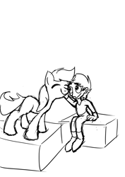 Size: 2149x3035 | Tagged: safe, oc, earth pony, human, pony, black and white, blank flank, cuddling, cute, eyes closed, grayscale, high res, monochrome, petting, rough sketch, sketch