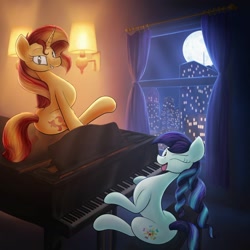 Size: 1024x1024 | Tagged: safe, artist:huffy26, artist:novaintellus, coloratura, sunset shimmer, earth pony, pony, unicorn, g4, city, collaboration, duet, duo, full moon, gift art, grand piano, looking at you, looking back, looking back at you, moon, musical instrument, night, one eye closed, piano, rara, sitting, smiling, tongue out, window, wink