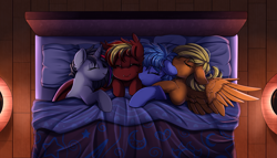 Size: 3117x1787 | Tagged: safe, artist:pridark, oc, oc only, bat pony, pegasus, pony, unicorn, bat pony oc, bat wings, bedroom, blanket, commission, cuddling, cute, cute little fangs, eyes closed, fangs, pillow, smiling, wings