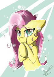 Size: 1200x1700 | Tagged: safe, artist:yuris, fluttershy, pegasus, pony, g4, abstract background, bust, cute, dandelion, female, floppy ears, hoof fluff, hooves to the chest, looking at you, mare, portrait, shoulder fluff, shy, shyabetes, smiling, solo, stray strand, three quarter view