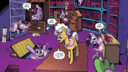 Size: 1920x1080 | Tagged: safe, artist:pencils, idw, official comic, goldie delicious, spike, twilight sparkle, alicorn, dragon, earth pony, pony, friendship is magic #70, g4, cropped, derp, female, library, mare, multeity, speech bubble, teleportation, tongue out, twilight sparkle (alicorn)