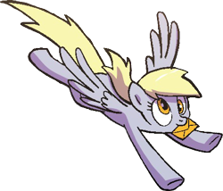 Size: 462x395 | Tagged: safe, artist:pencils, edit, idw, derpy hooves, pony, g4, cropped, female, flying, letter, mouth hold, simple background, solo, transparent background