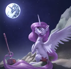 Size: 1600x1552 | Tagged: safe, artist:nadnerbd, princess celestia, alicorn, pony, g4, concave belly, digital art, fanfic art, female, full moon, hammer, long tail, looking up, mare, mare in the moon, moon, night, pink-mane celestia, sitting, slender, solo, spread wings, sternocleidomastoid, tail, thin, war hammer, weapon, wings