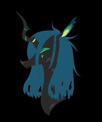 Size: 1000x1200 | Tagged: safe, artist:lepiswerid, queen chrysalis, alicorn, changeling, changeling queen, pony, g4, black background, bust, curved horn, eyelashes, eyeshadow, female, horn, makeup, marsverse, no mouth, portrait, redesign, simple background, solo, torn hair