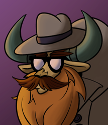 Size: 1188x1381 | Tagged: safe, artist:cowsrtasty, oc, oc only, yak, equestria at war mod, bust, clothes, disguise, facial hair, groucho glasses, groucho mask, moustache, portrait, solo, spy, trenchcoat