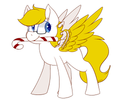 Size: 1000x800 | Tagged: safe, artist:jetjetj, part of a set, oc, oc only, oc:gizmo gears, pegasus, pony, amputee, artificial wings, augmented, candy, candy cane, commission, cute, female, food, glasses, mare, pegasus oc, prosthetic limb, prosthetic wing, prosthetics, solo, white coat, wings, ych result