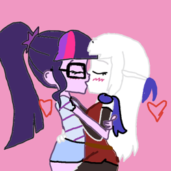 Size: 768x768 | Tagged: artist needed, safe, sci-twi, twilight sparkle, human, equestria girls, g4, blushing, crossover, crossover shipping, female, fire emblem, heart, humanized, kissing, lesbian, micaiah, micaiahtwi, pink background, shipping, simple background