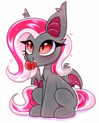 Size: 2388x2961 | Tagged: safe, artist:pesty_skillengton, oc, oc only, oc:miabat, bat pony, pony, apple, chibi, cute, female, food, heart, heart eyes, high res, mare, wingding eyes