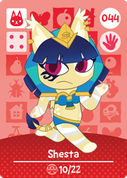 Size: 1500x2100 | Tagged: safe, artist:captshowtime, artist:showtimeandcoal, oc, oc only, oc:shesta, pony, sphinx, amiibo, amiibo card, animal crossing, badge, bikini, card, cat burb, chibi, clothes, commission, con badge, convention badge, crown, cute, ear piercing, earring, egyptian, jewelry, pharaoh, piercing, ponysona, regalia, simple background, solo, swimsuit