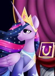 Size: 3937x5433 | Tagged: safe, artist:poecillia-gracilis19, twilight sparkle, alicorn, pony, g4, the last problem, bust, clothes, coronation dress, crown, dress, female, friendship journal, jewelry, mare, older, older twilight, older twilight sparkle (alicorn), portrait, princess twilight 2.0, regalia, second coronation dress, solo, twilight sparkle (alicorn)