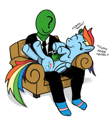 Size: 1535x1753 | Tagged: safe, artist:eels, rainbow dash, oc, oc:anon, human, pegasus, pony, g4, bellyrubs, clothes, descriptive noise, duo, ear scratch, eyes closed, female, happy, horse noises, human and pony, human on pony petting, kicking, lap pony, mare, on back, onomatopoeia, petting, sitting, smiling, socks