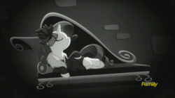 Size: 500x281 | Tagged: safe, edit, edited screencap, screencap, rarity, pony, g4, rarity investigates, season 5, animated, black and white, couch, detective rarity, discovery family logo, fainting couch, female, gif, grayscale, monochrome, reversed, seductive pose, solo, you know for kids