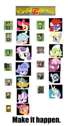 Size: 928x1602 | Tagged: safe, apple bloom, cheerilee, cozy glow, derpy hooves, diamond tiara, granny smith, mr. waddle, princess celestia, scootaloo, snails, sweetie belle, twist, wind sprint, alicorn, earth pony, pegasus, pony, unicorn, g4, exploitable meme, foal, kindergarten, kindergarten (game), make it happen, meme