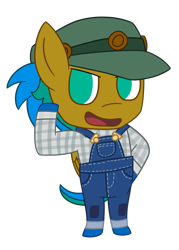 Size: 1500x2100 | Tagged: safe, artist:captshowtime, oc, oc only, oc:vigilant watch, earth pony, pony, animal crossing, arm hooves, bipedal, chibi, clothes, commission, cute, hat, overalls, simple background, solo, transparent background