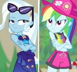 Size: 1205x1129 | Tagged: safe, edit, screencap, rainbow dash, trixie, equestria girls, equestria girls specials, g4, my little pony equestria girls: better together, my little pony equestria girls: forgotten friendship, clothes, crossed arms, geode of super speed, magical geodes, swimsuit