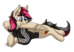 Size: 1188x843 | Tagged: safe, artist:maitrev, oc, oc only, oc:porsche speedwings, pegasus, pony, adidas, adidas tracksuit, clothes, crossed hooves, ear fluff, eyebrows, feather, grooming, hoodie, looking down, pegasus oc, preening, prone, simple background, solo, transparent background, wings