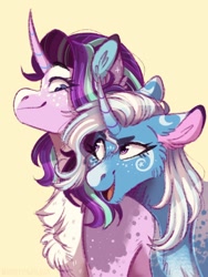 Size: 768x1024 | Tagged: safe, artist:wanderingpegasus, starlight glimmer, trixie, pony, unicorn, g4, cheek fluff, chest fluff, coat markings, curved horn, dappled, ear fluff, female, freckles, horn, lesbian, mare, markings, ship:startrix, shipping, simple background, smiling