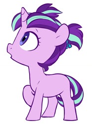 Size: 1130x1518 | Tagged: safe, artist:chub-wub, starlight glimmer, pony, unicorn, g4, cute, female, filly, filly starlight glimmer, glimmerbetes, looking up, pigtails, raised hoof, ribbon, simple background, solo, white background, younger