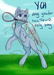 Size: 924x1269 | Tagged: safe, artist:nika-rain, oc, oc only, earth pony, pegasus, pony, commission, cute, grass, solo, sports, summer, text, ych sketch, your character here