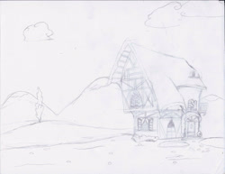Size: 2788x2151 | Tagged: safe, artist:hanaatori, g4, building, high res, monochrome, no pony, pencil drawing, ponyville, scenery, traditional art