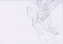 Size: 2908x2063 | Tagged: safe, artist:hanaatori, fluttershy, human, g4, eyes closed, female, high res, humanized, monochrome, solo, traditional art, winged humanization, wings