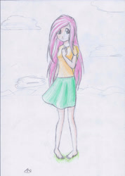 Size: 2069x2898 | Tagged: safe, artist:hanaatori, fluttershy, human, g4, barefoot, feet, female, high res, humanized, solo, traditional art