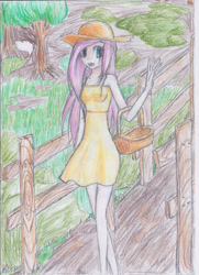 Size: 2085x2875 | Tagged: safe, artist:hanaatori, fluttershy, human, g4, basket, female, hat, high res, humanized, scenery, solo, traditional art, tree