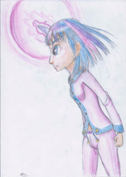 Size: 2066x2903 | Tagged: safe, artist:hanaatori, twilight sparkle, human, boast busters, g4, clothes, female, glowing horn, high res, horn, horned humanization, humanized, pajamas, scene interpretation, solo, traditional art